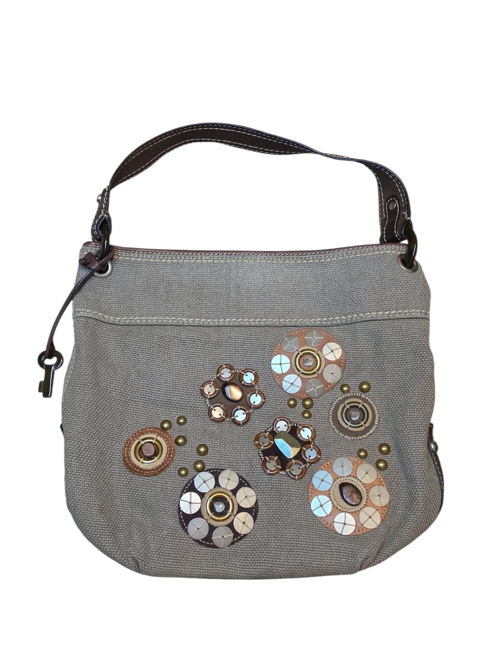 Fossil Boho Canvas Hobo Shoulder Bag with Stone & Stud Embellishments